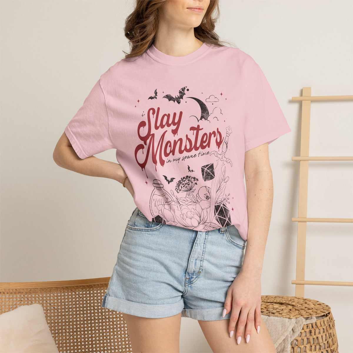 “I Slay Monsters in My Spare Time” Comfort Colors Tee | Dark Fantasy TTRPG Graphic T-Shirt | Gothic Tabletop Gamer Shirt
