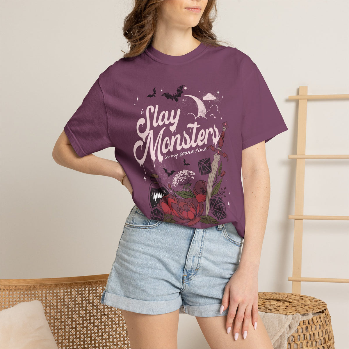 “I Slay Monsters in My Spare Time” Comfort Colors Tee | Dark Fantasy TTRPG Graphic T-Shirt | Gothic Tabletop Gamer Shirt