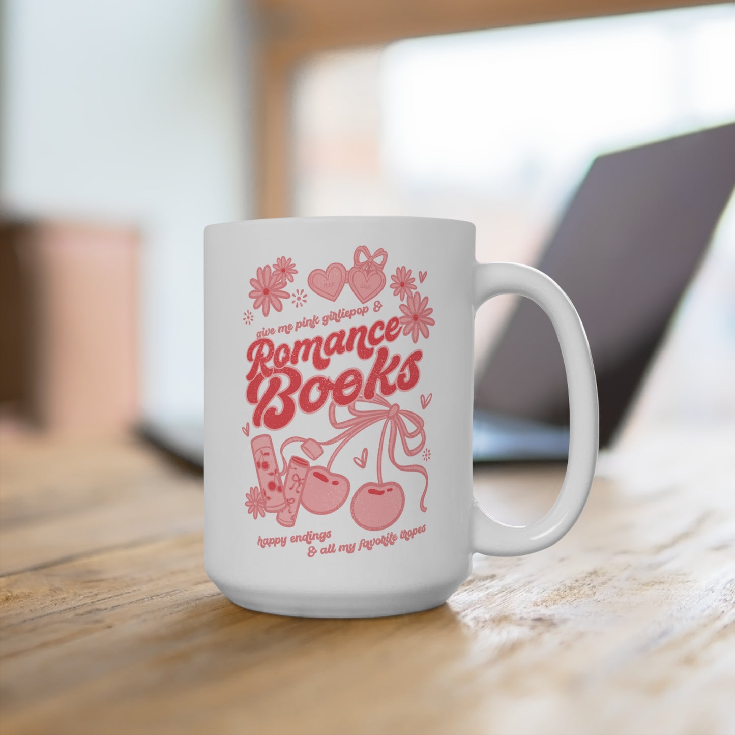 Romance Books Mug 15oz | Book Lover Coffee Cup | Pink Girly Bookish Mug Gift