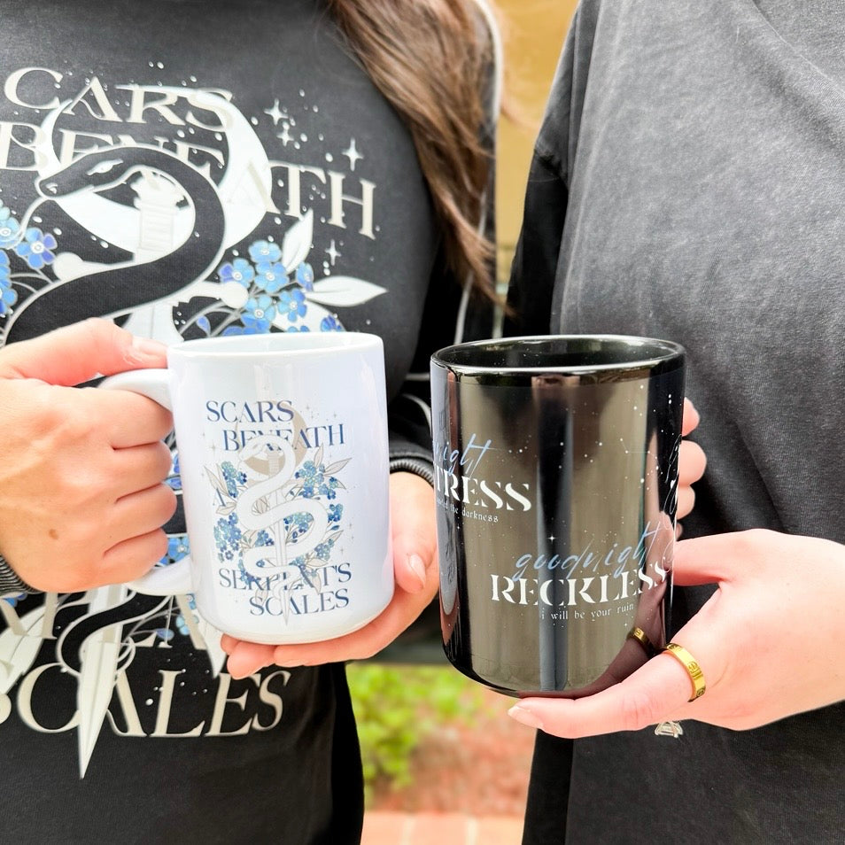 Goodnight Huntress, Goodnight Reckless 15oz Black Mug | Officially Licensed Nicole Platania Fantasy Romance Mug