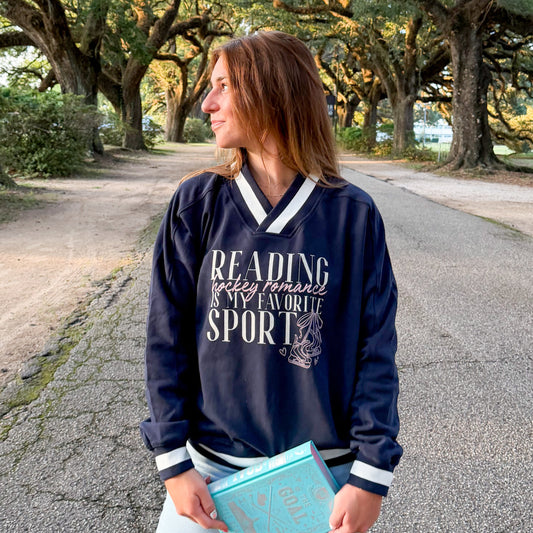 Hockey Romance Reader V-Neck Contrast Collar Boxy Sweatshirt