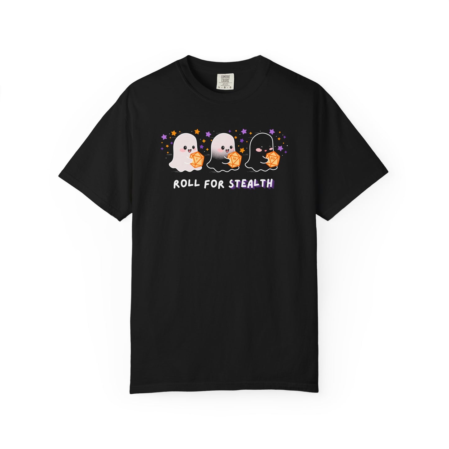 “Roll for Stealth” Ghost Dice Comfort Colors Tee | Cute Halloween TTRPG T-Shirt | Ghost Tabletop Gamer Shirt