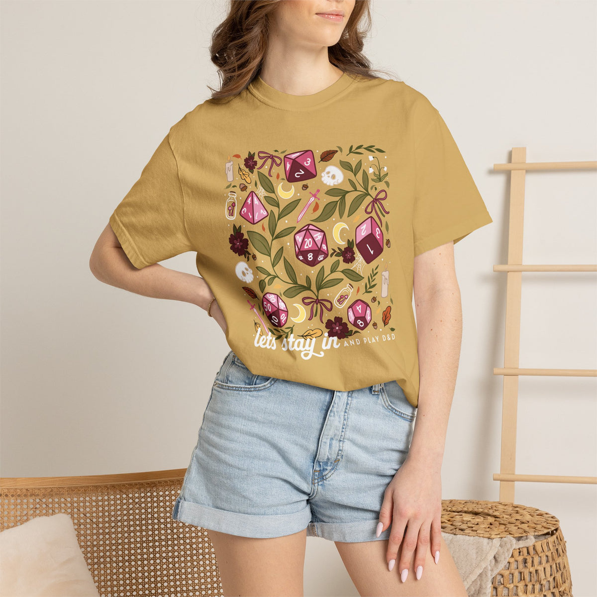 “Let’s Stay In” Tabletop Game Night Tee | Dark Academia Dice & Botanical Comfort Colors Shirt | Cozy TTRPG Graphic T-Shirt