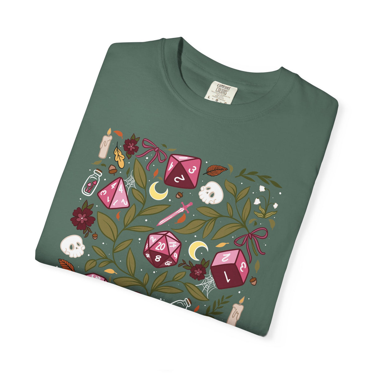 “Let’s Stay In” Tabletop Game Night Tee | Dark Academia Dice & Botanical Comfort Colors Shirt | Cozy TTRPG Graphic T-Shirt