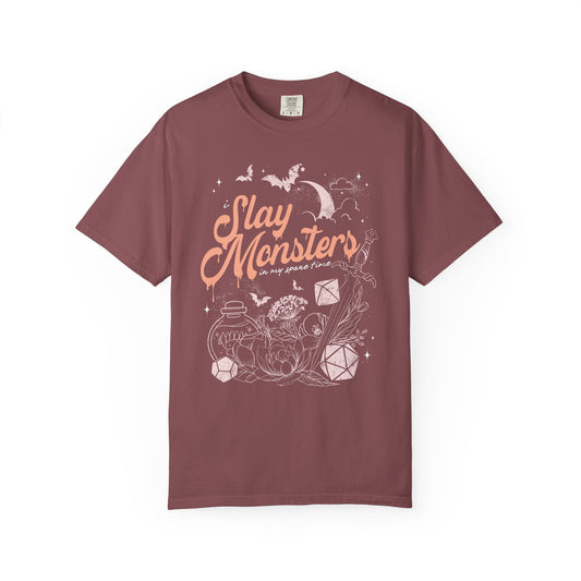 “I Slay Monsters in My Spare Time” Comfort Colors Tee | Dark Fantasy TTRPG Graphic T-Shirt | Gothic Tabletop Gamer Shirt