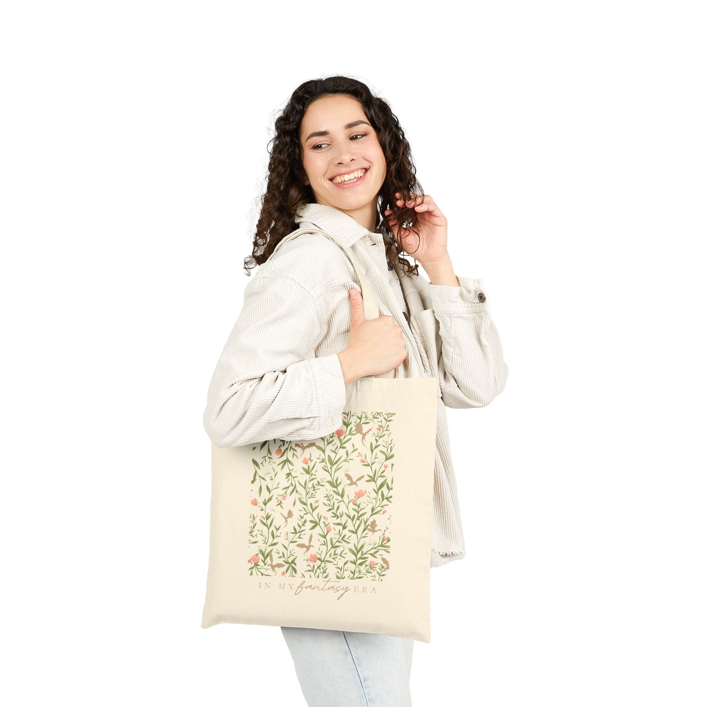 In My Fantasy Era Cotton Canvas Tote Bag, Floral Dragon Print, Spring Romantasy Reader Bookish Merch, Book Lover Gift