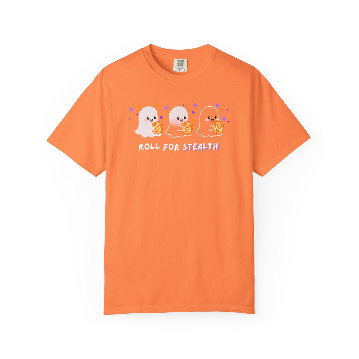 “Roll for Stealth” Ghost Dice Comfort Colors Tee | Cute Halloween TTRPG T-Shirt | Ghost Tabletop Gamer Shirt