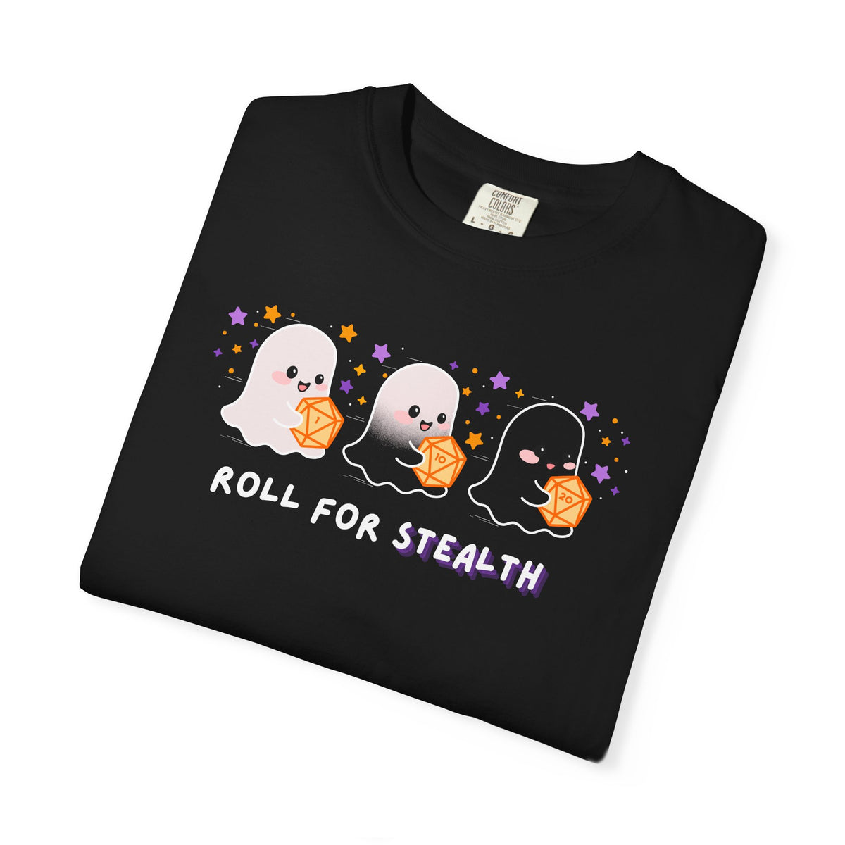 “Roll for Stealth” Ghost Dice Comfort Colors Tee | Cute Halloween TTRPG T-Shirt | Ghost Tabletop Gamer Shirt