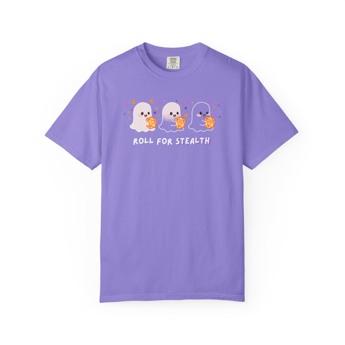 “Roll for Stealth” Ghost Dice Comfort Colors Tee | Cute Halloween TTRPG T-Shirt | Ghost Tabletop Gamer Shirt