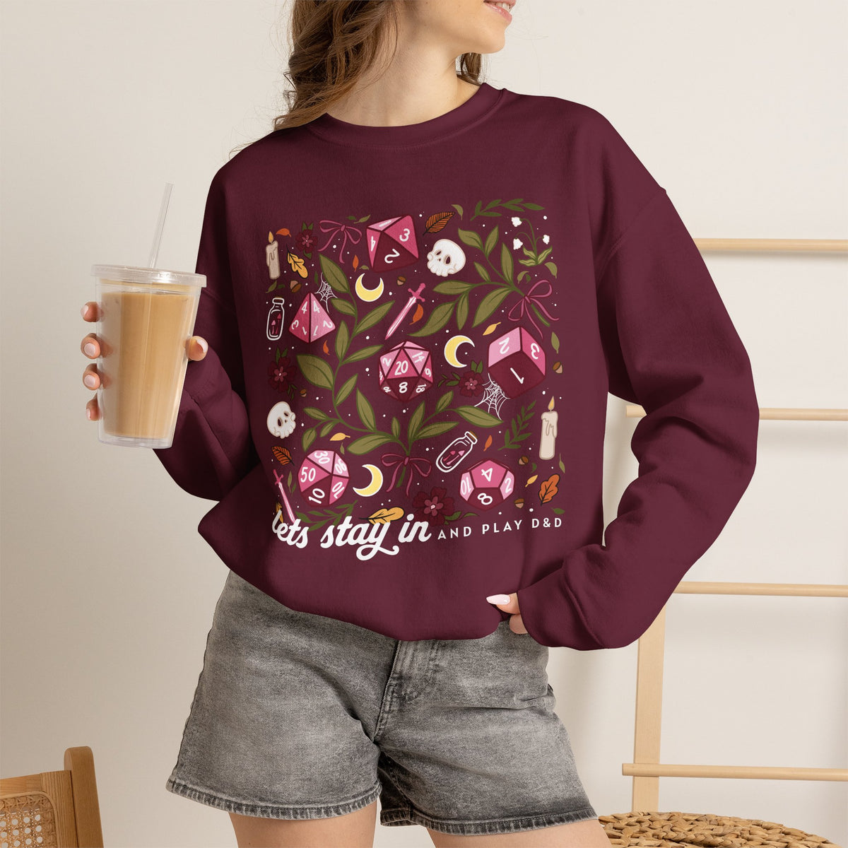 “Let’s Stay In” Dark Botanical Dice Crewneck Sweatshirt