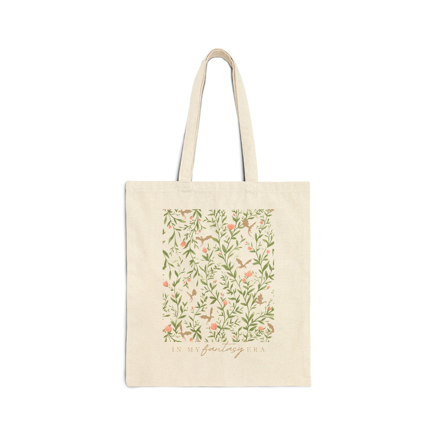 In My Fantasy Era Cotton Canvas Tote Bag, Floral Dragon Print, Spring Romantasy Reader Bookish Merch, Book Lover Gift