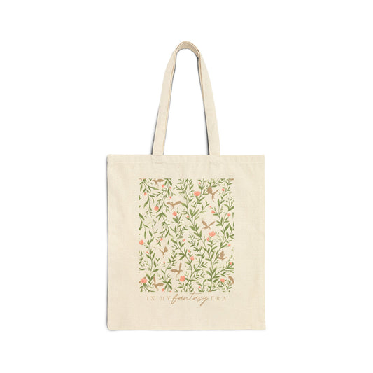 In My Fantasy Era Cotton Canvas Tote Bag, Floral Dragon Print, Spring Romantasy Reader Bookish Merch, Book Lover Gift