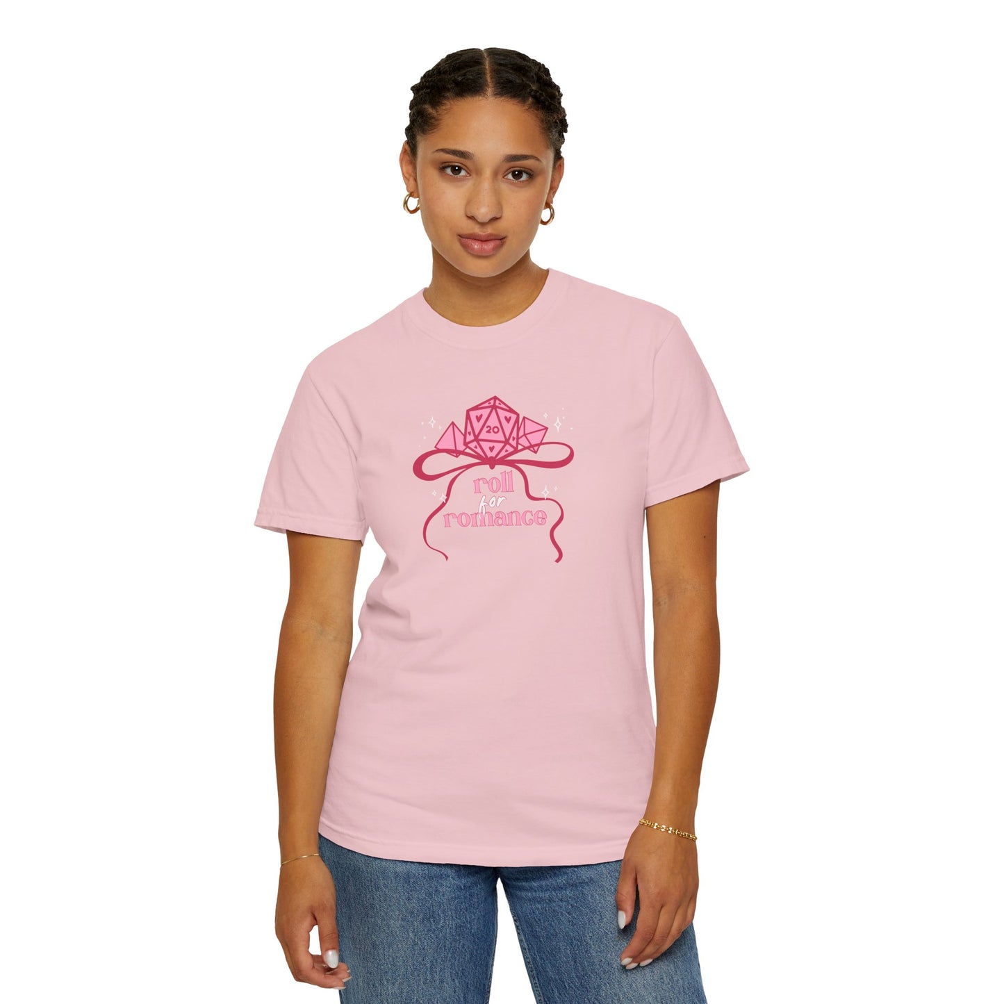 Roll Romance T-Shirt — Pink D20 RPG Tee for Gamers
