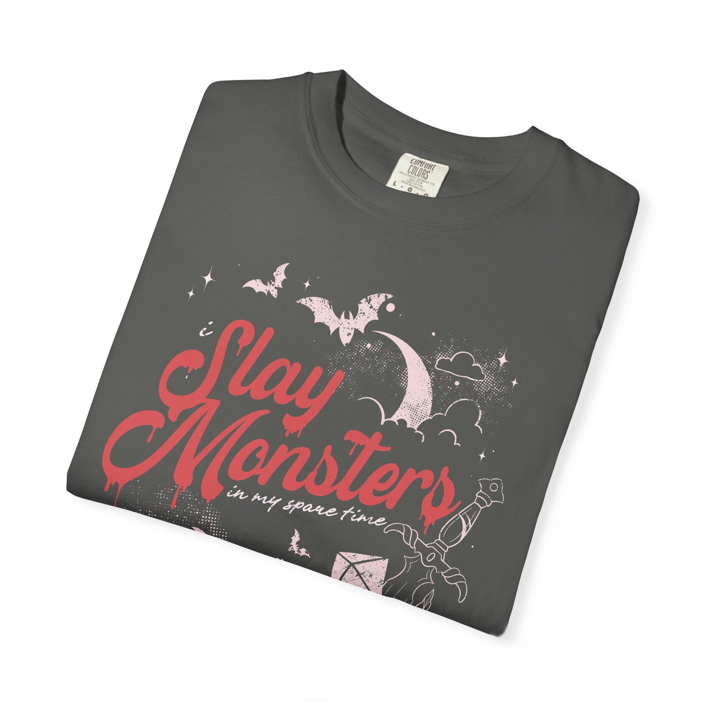 “I Slay Monsters in My Spare Time” Comfort Colors Tee | Dark Fantasy TTRPG Graphic T-Shirt | Gothic Tabletop Gamer Shirt