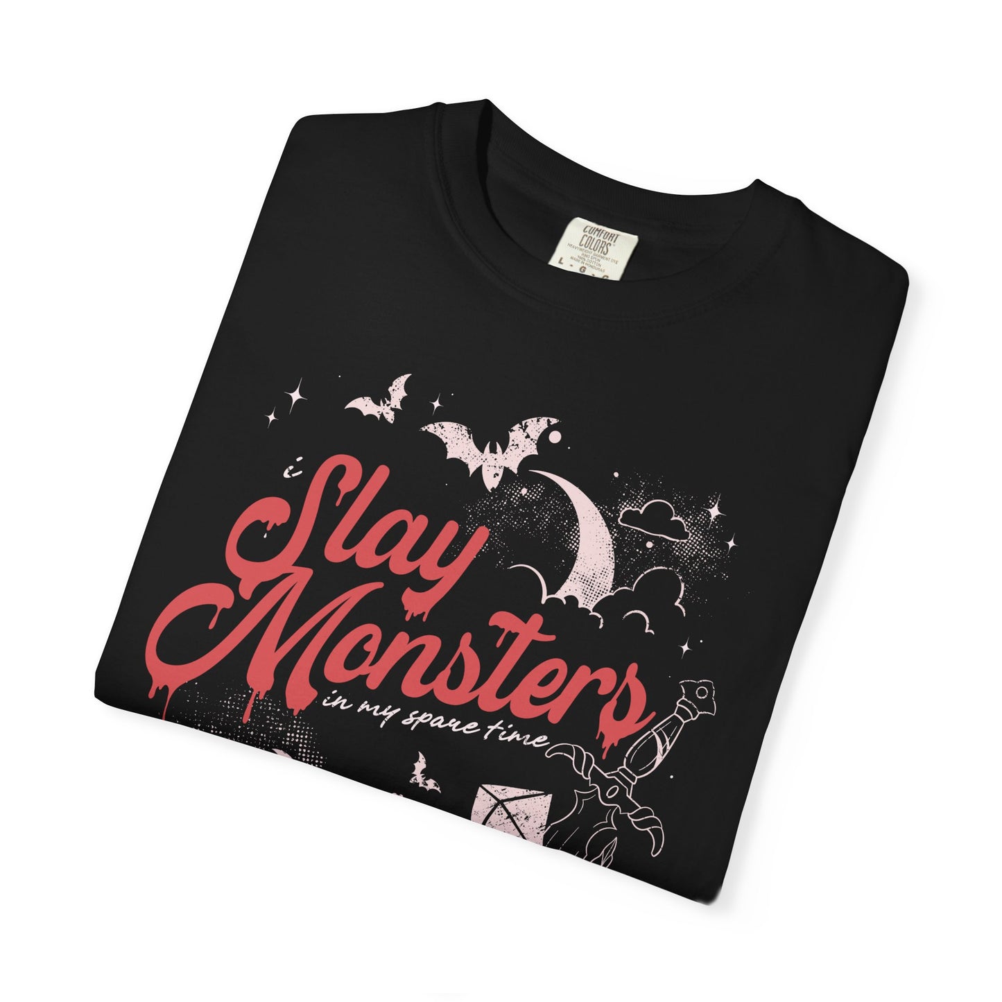 “I Slay Monsters in My Spare Time” Comfort Colors Tee | Dark Fantasy TTRPG Graphic T-Shirt | Gothic Tabletop Gamer Shirt