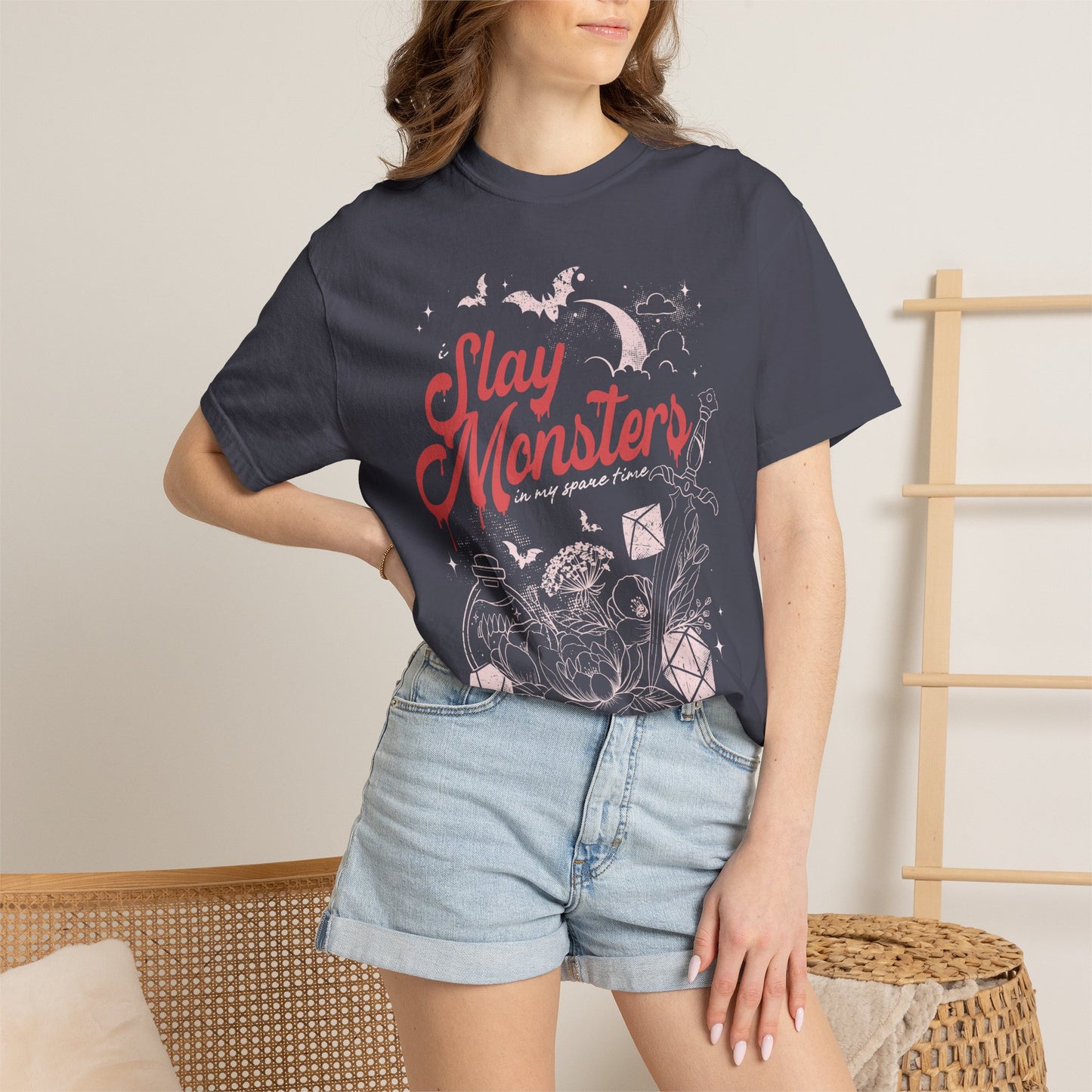 “I Slay Monsters in My Spare Time” Comfort Colors Tee | Dark Fantasy TTRPG Graphic T-Shirt | Gothic Tabletop Gamer Shirt