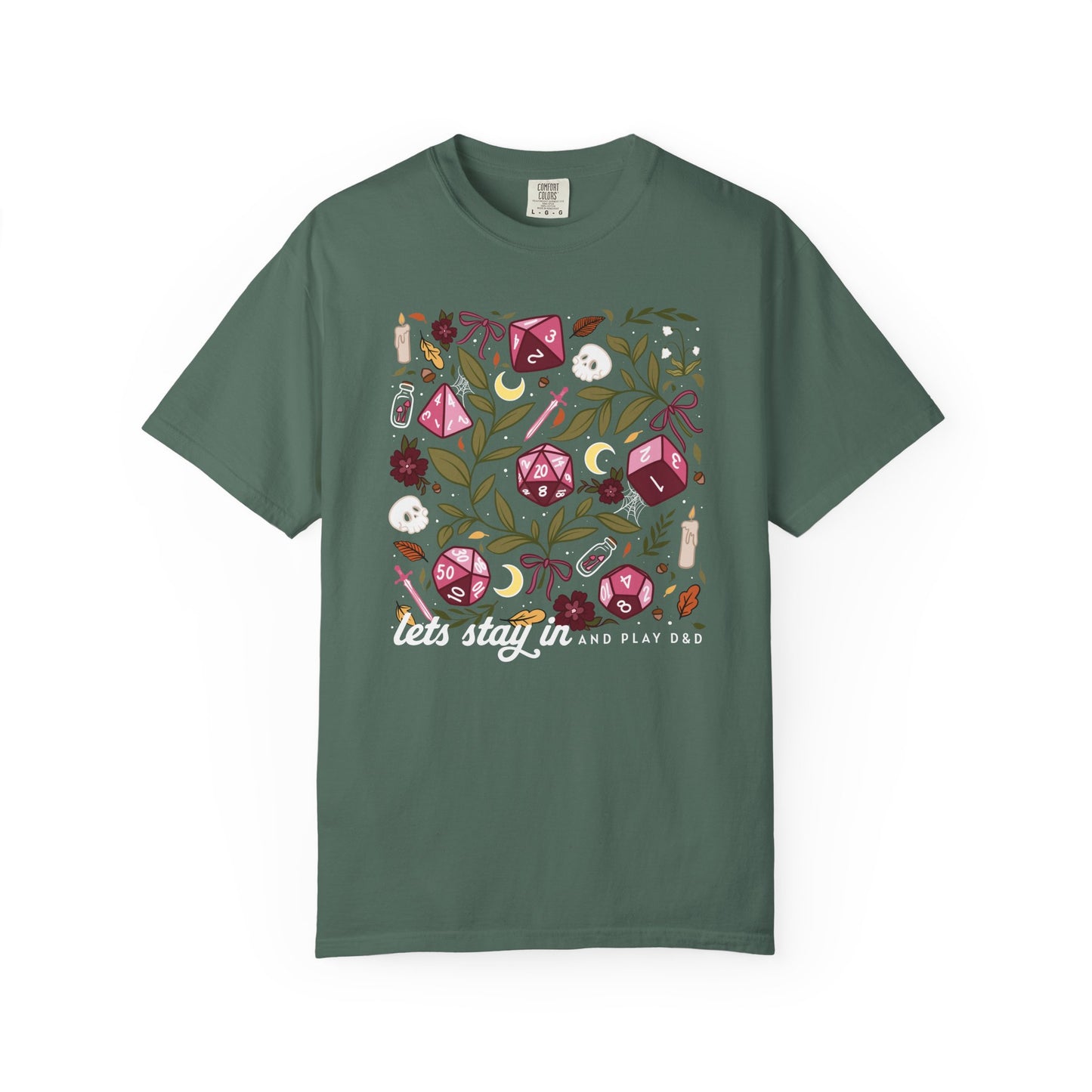 “Let’s Stay In” Tabletop Game Night Tee | Dark Academia Dice & Botanical Comfort Colors Shirt | Cozy TTRPG Graphic T-Shirt