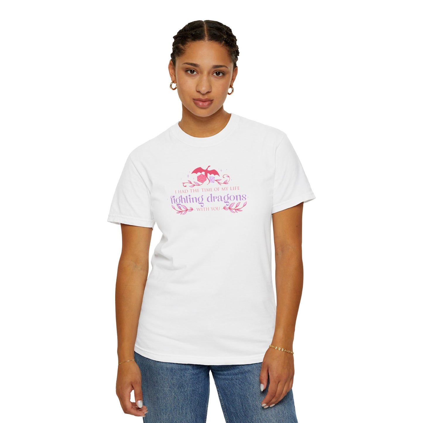 Fighting Dragons D&D Graphic T-Shirt | Pink Retro Fantasy Tee for Women | TTRPG Gamer Gift