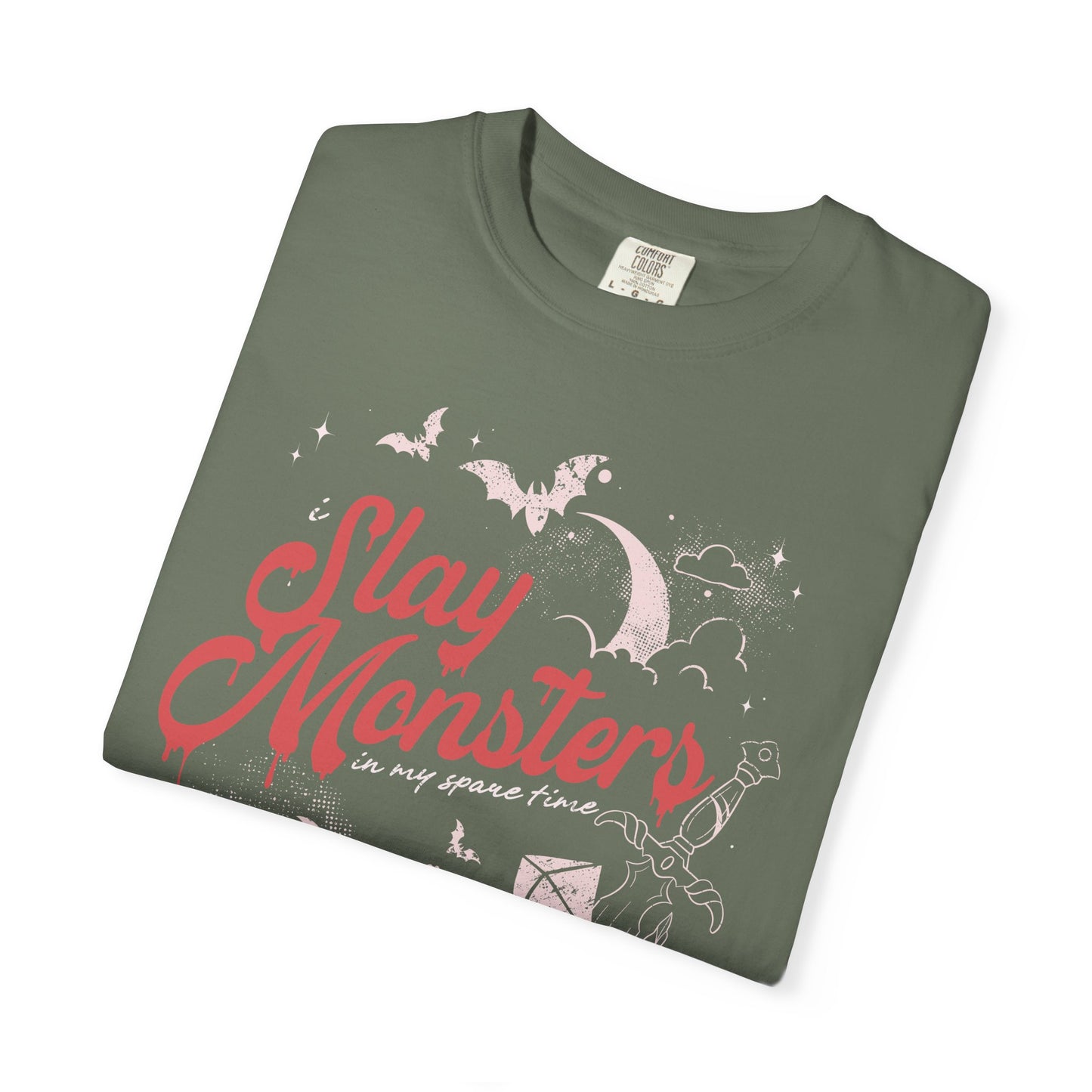 “I Slay Monsters in My Spare Time” Comfort Colors Tee | Dark Fantasy TTRPG Graphic T-Shirt | Gothic Tabletop Gamer Shirt