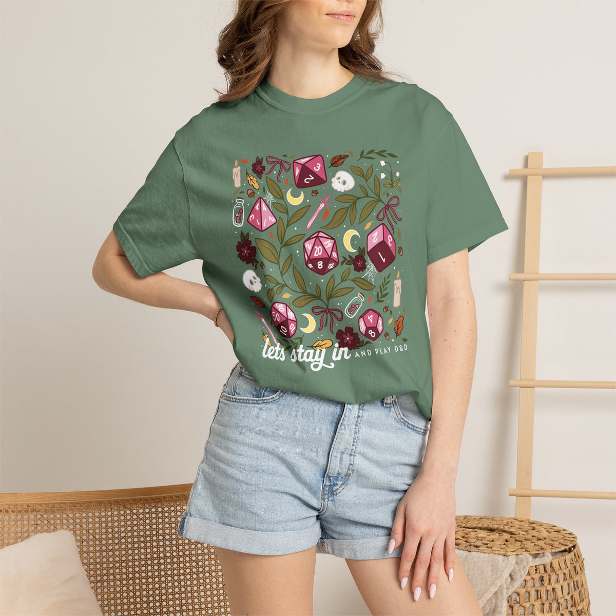 “Let’s Stay In” Tabletop Game Night Tee | Dark Academia Dice & Botanical Comfort Colors Shirt | Cozy TTRPG Graphic T-Shirt