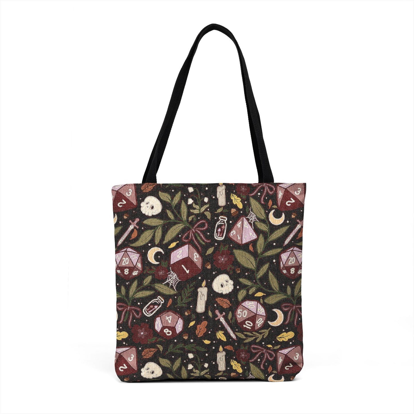 Dark Botanical Dice Tote Bag | Woven TTRPG Tote | Skulls, Moons & Dice