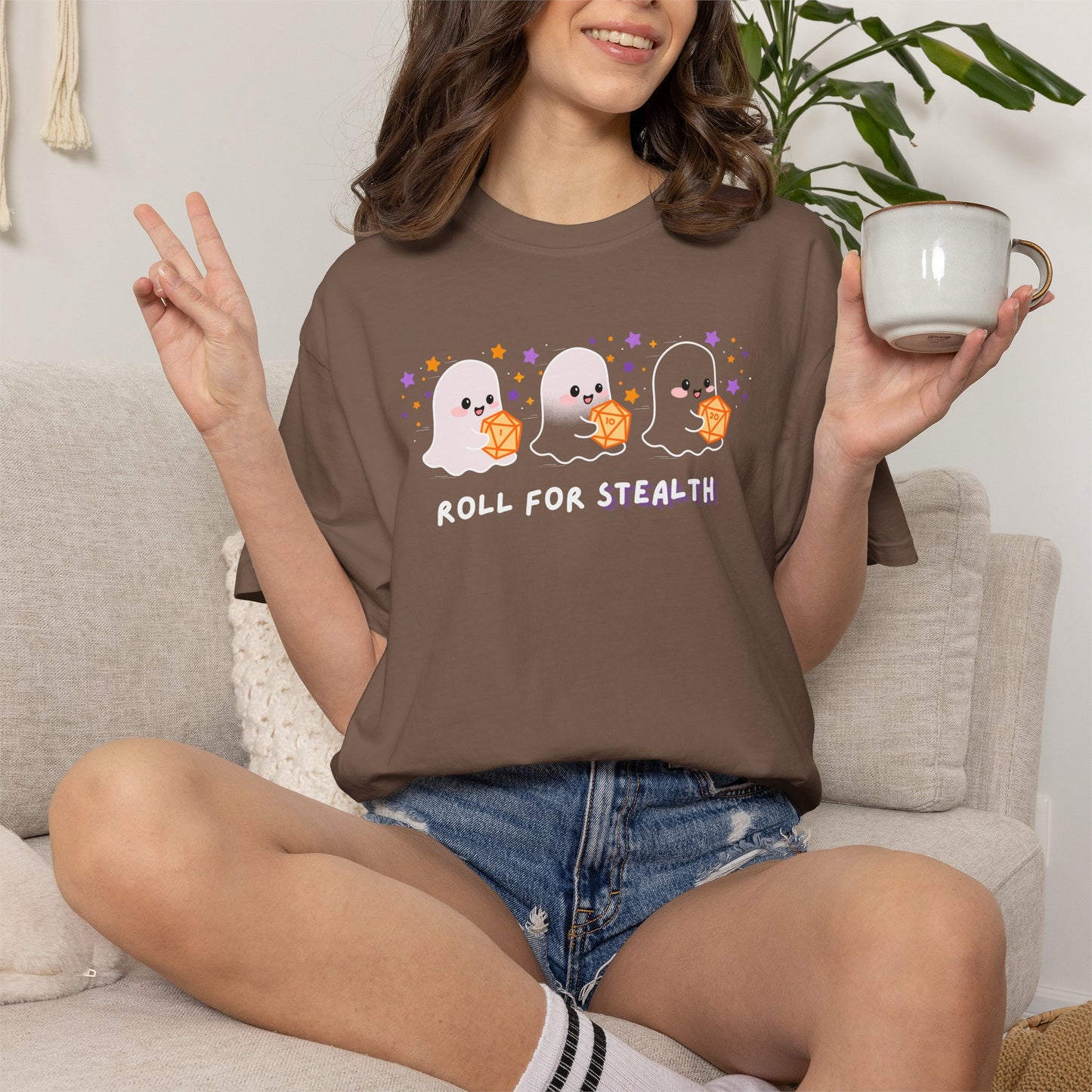 “Roll for Stealth” Ghost Dice Comfort Colors Tee | Cute Halloween TTRPG T-Shirt | Ghost Tabletop Gamer Shirt