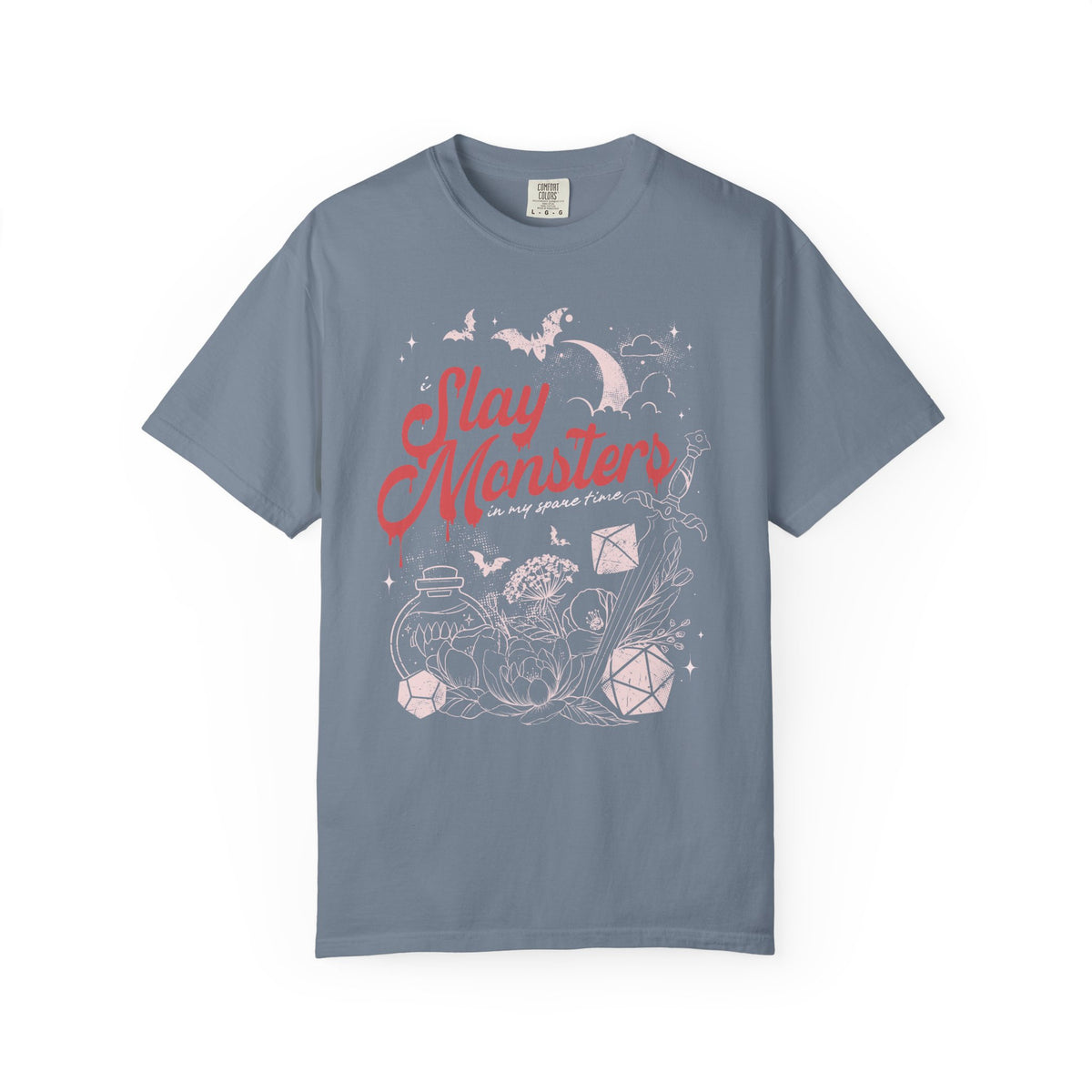“I Slay Monsters in My Spare Time” Comfort Colors Tee | Dark Fantasy TTRPG Graphic T-Shirt | Gothic Tabletop Gamer Shirt
