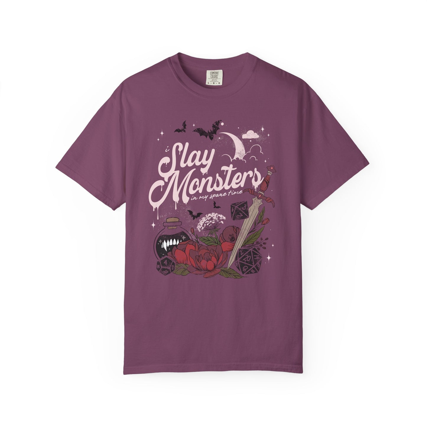 “I Slay Monsters in My Spare Time” Comfort Colors Tee | Dark Fantasy TTRPG Graphic T-Shirt | Gothic Tabletop Gamer Shirt