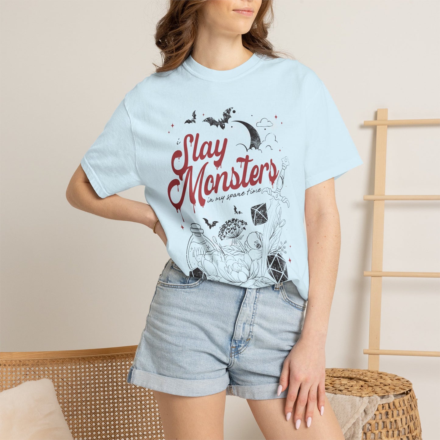 “I Slay Monsters in My Spare Time” Comfort Colors Tee | Dark Fantasy TTRPG Graphic T-Shirt | Gothic Tabletop Gamer Shirt