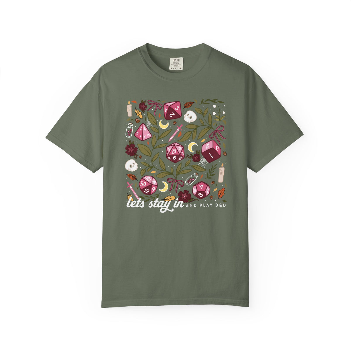 “Let’s Stay In” Tabletop Game Night Tee | Dark Academia Dice & Botanical Comfort Colors Shirt | Cozy TTRPG Graphic T-Shirt