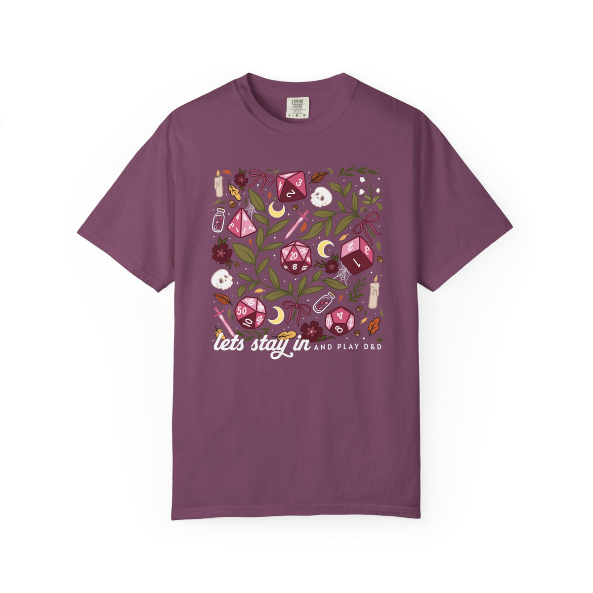 “Let’s Stay In” Tabletop Game Night Tee | Dark Academia Dice & Botanical Comfort Colors Shirt | Cozy TTRPG Graphic T-Shirt