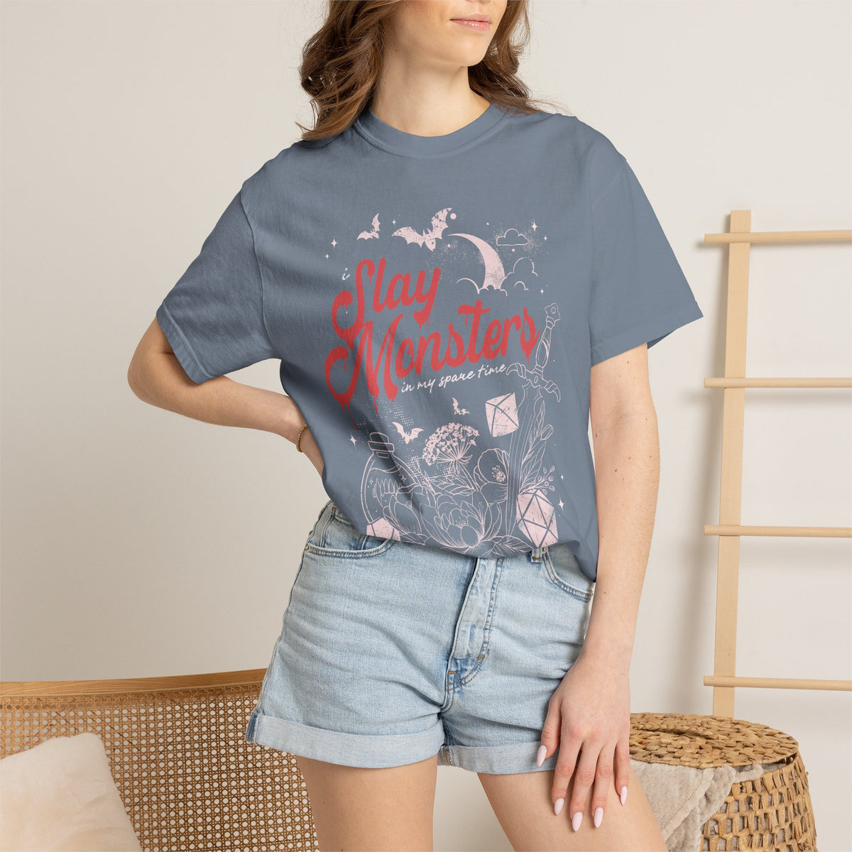 “I Slay Monsters in My Spare Time” Comfort Colors Tee | Dark Fantasy TTRPG Graphic T-Shirt | Gothic Tabletop Gamer Shirt