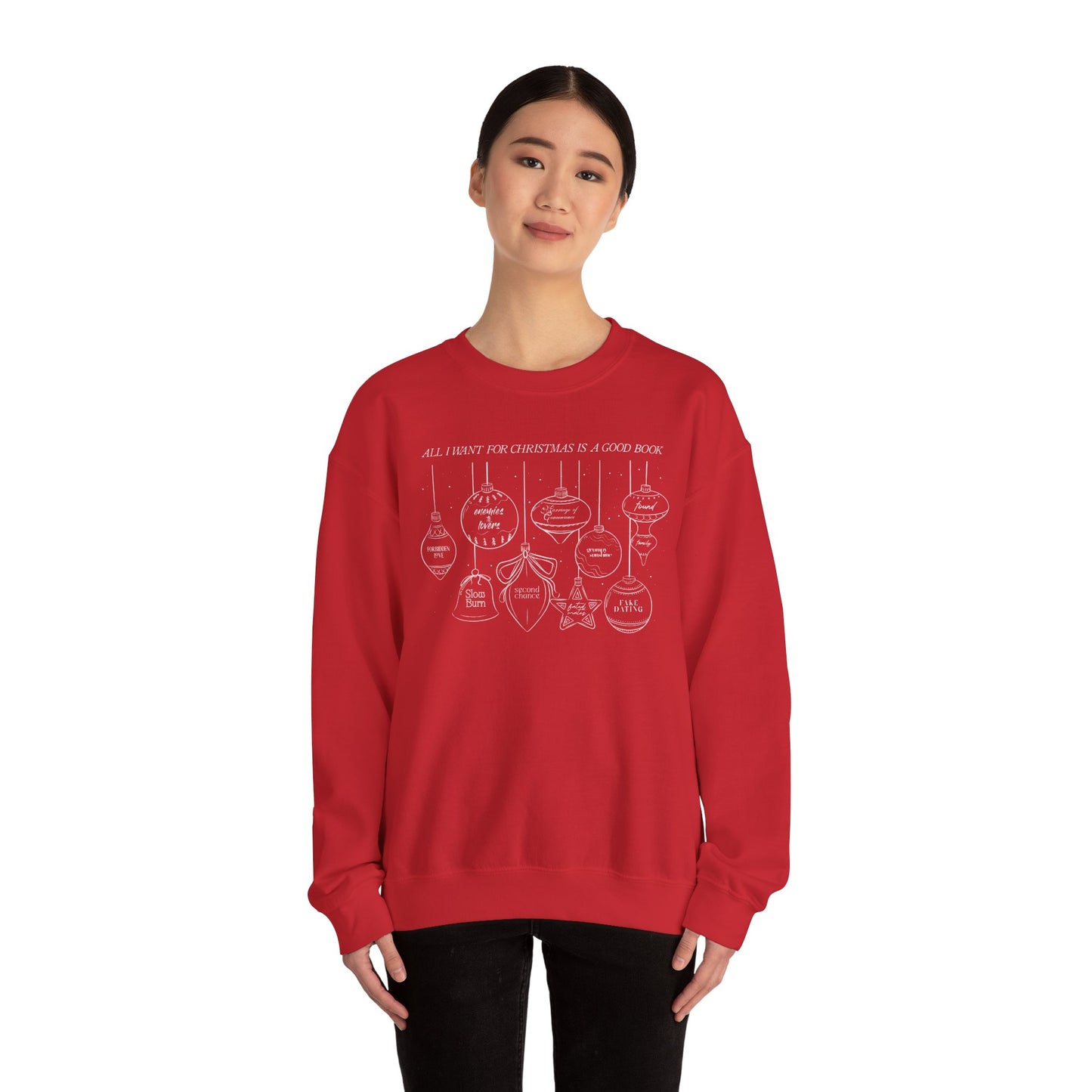 Christmas Ornaments Crewneck Sweatshirt – 'All I Want for Christmas is a Good Book'