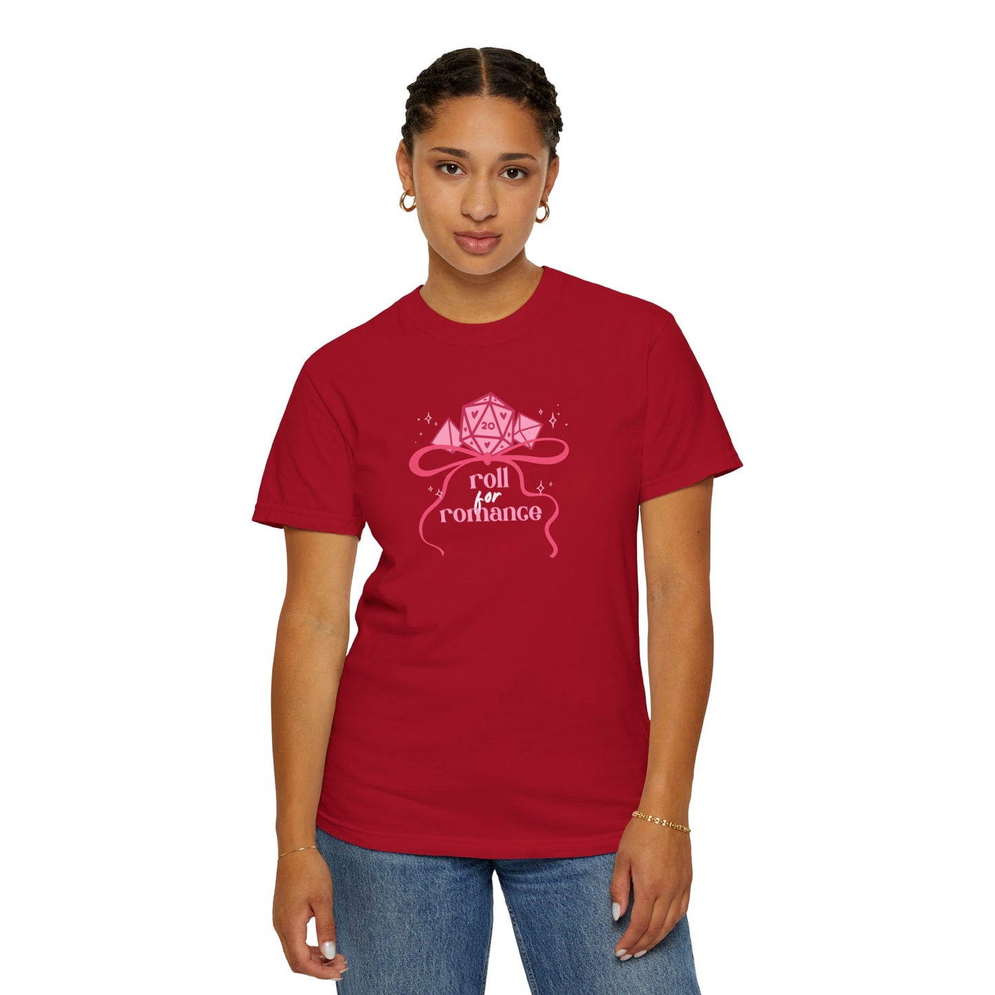 Roll Romance T-Shirt — Pink D20 RPG Tee for Gamers