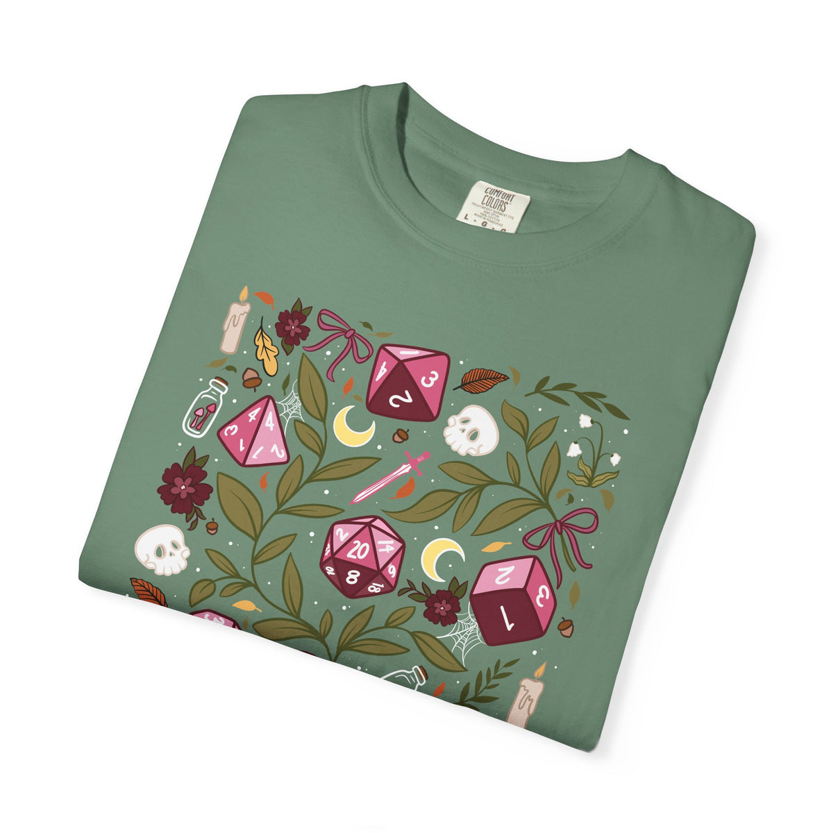 “Let’s Stay In” Tabletop Game Night Tee | Dark Academia Dice & Botanical Comfort Colors Shirt | Cozy TTRPG Graphic T-Shirt