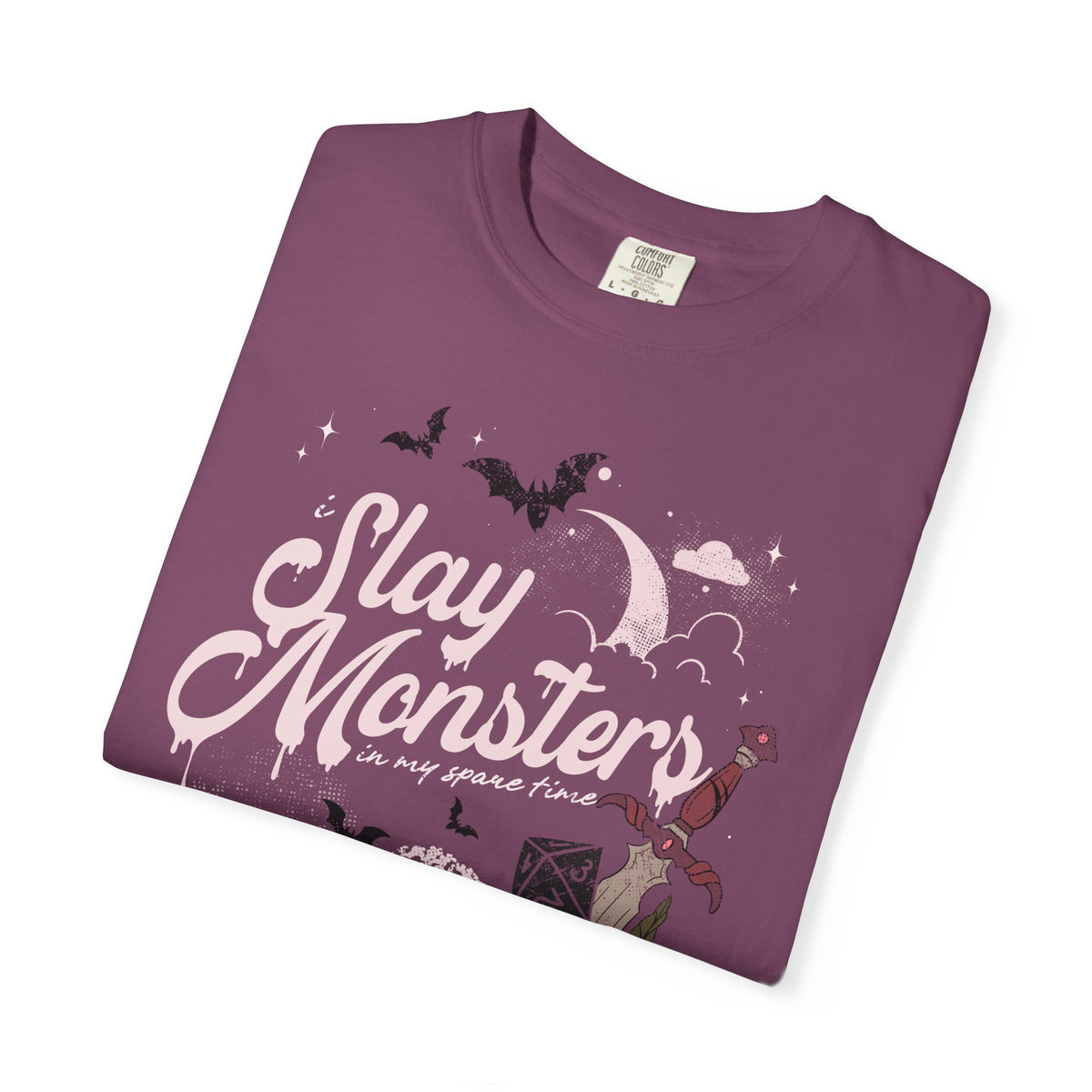 “I Slay Monsters in My Spare Time” Comfort Colors Tee | Dark Fantasy TTRPG Graphic T-Shirt | Gothic Tabletop Gamer Shirt