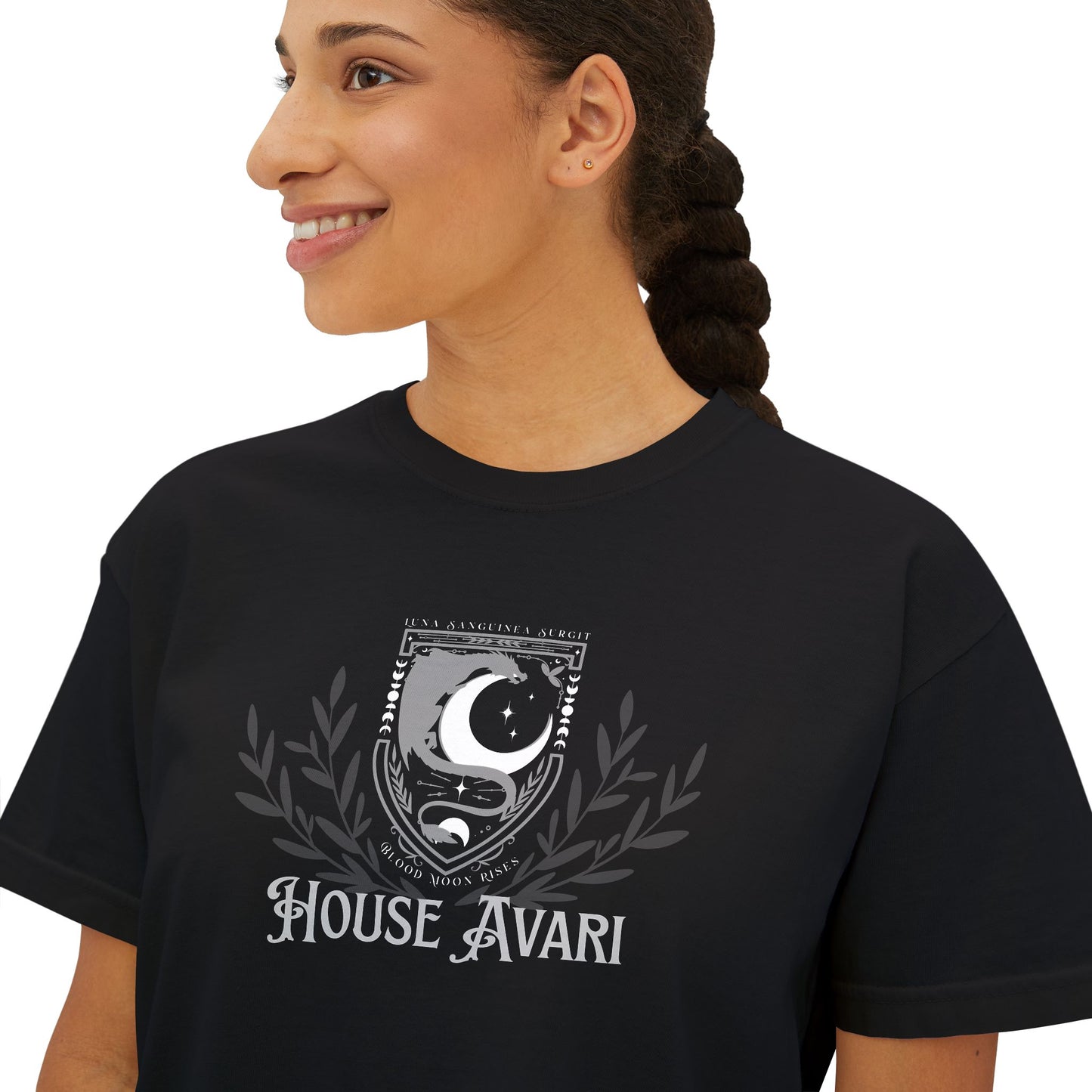 House Avari Bloodwing Academy Boxy Tee | Licensed Fantasy Book Shirt | Slightly Cropped Fit Romantasy Top