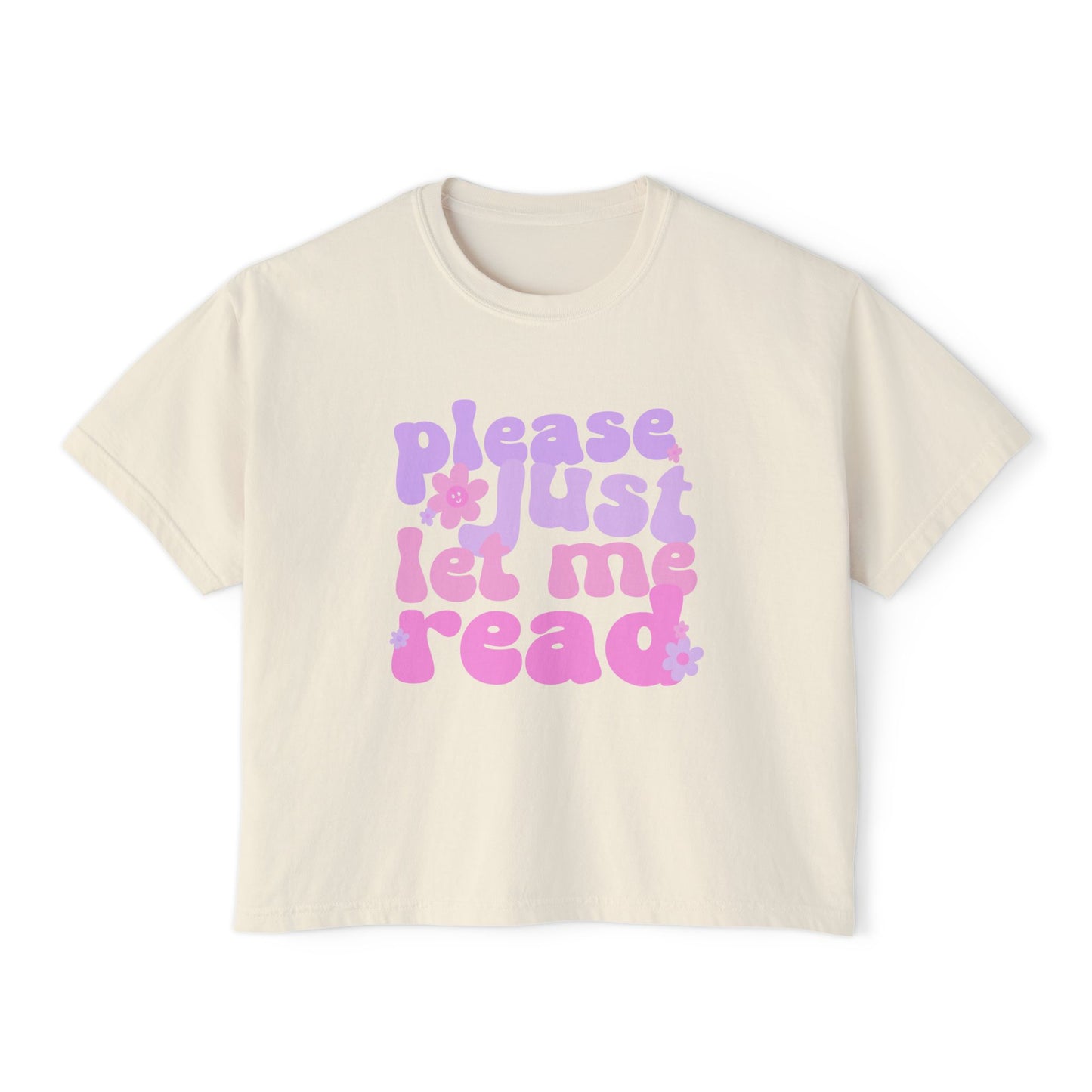 Please Just Let Me Read Boxy Crop Shirt graphic t-shirt, butter flat lay front view