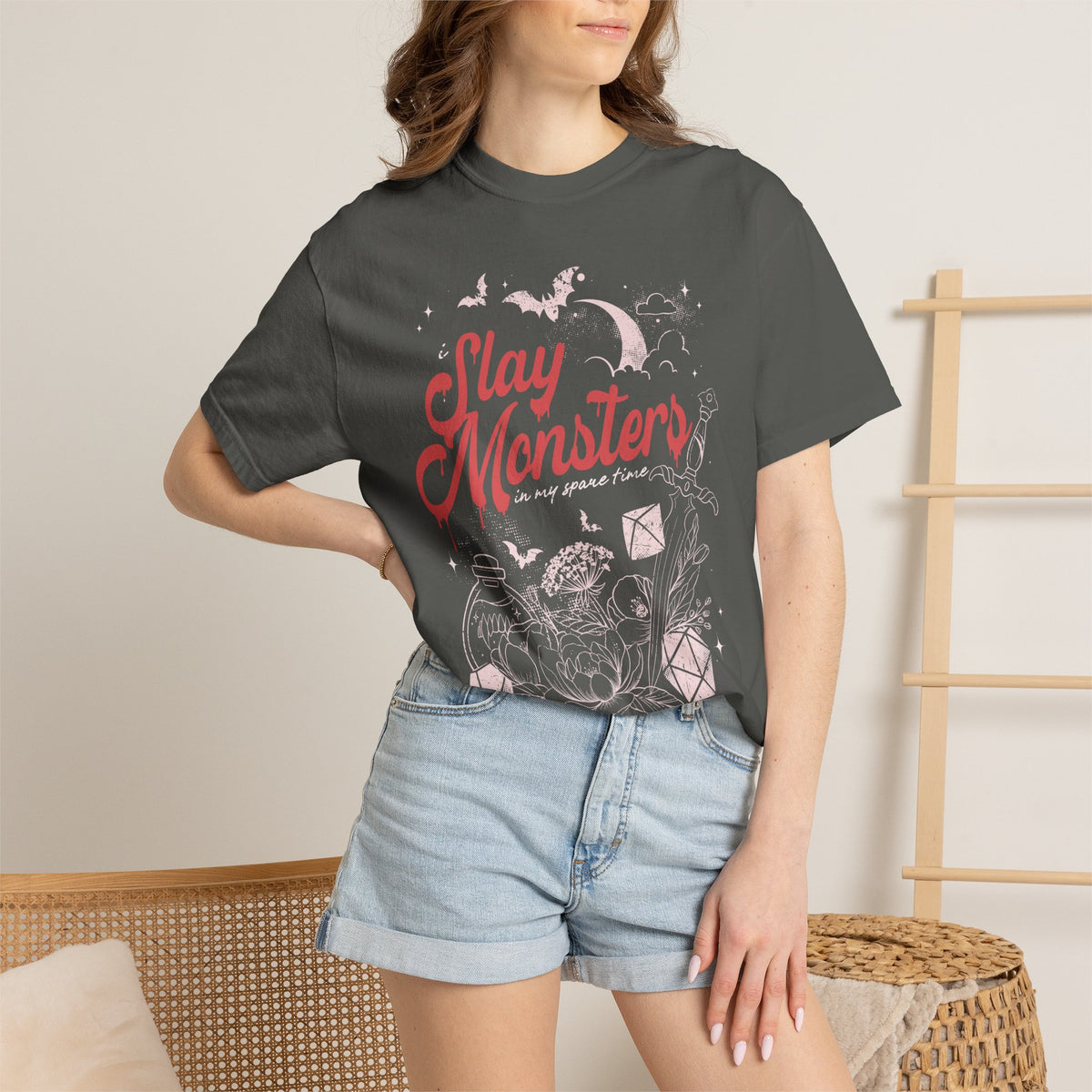 “I Slay Monsters in My Spare Time” Comfort Colors Tee | Dark Fantasy TTRPG Graphic T-Shirt | Gothic Tabletop Gamer Shirt