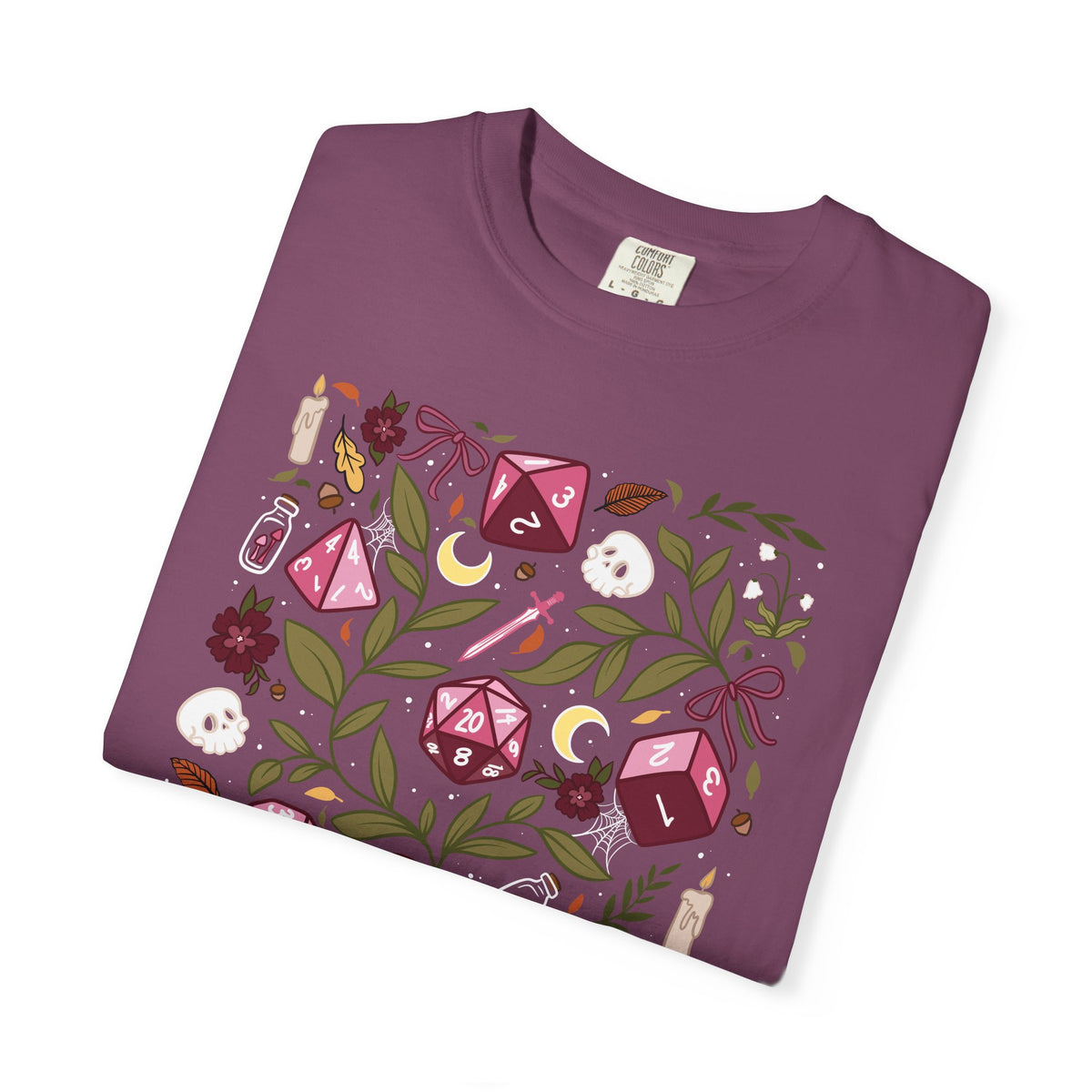 “Let’s Stay In” Tabletop Game Night Tee | Dark Academia Dice & Botanical Comfort Colors Shirt | Cozy TTRPG Graphic T-Shirt