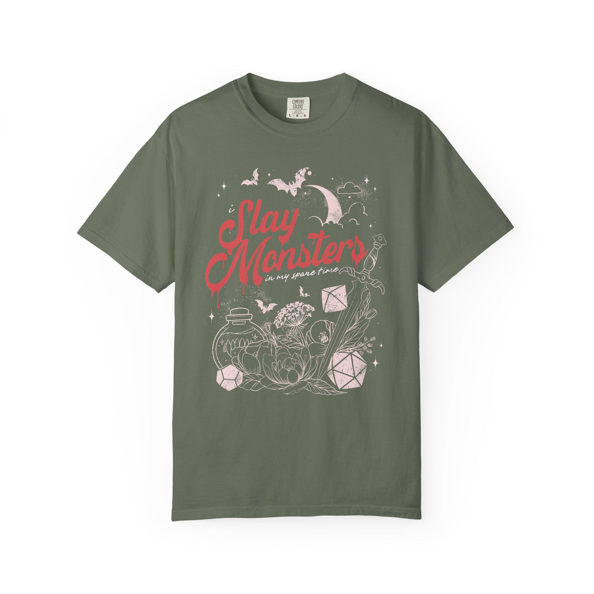 “I Slay Monsters in My Spare Time” Comfort Colors Tee | Dark Fantasy TTRPG Graphic T-Shirt | Gothic Tabletop Gamer Shirt