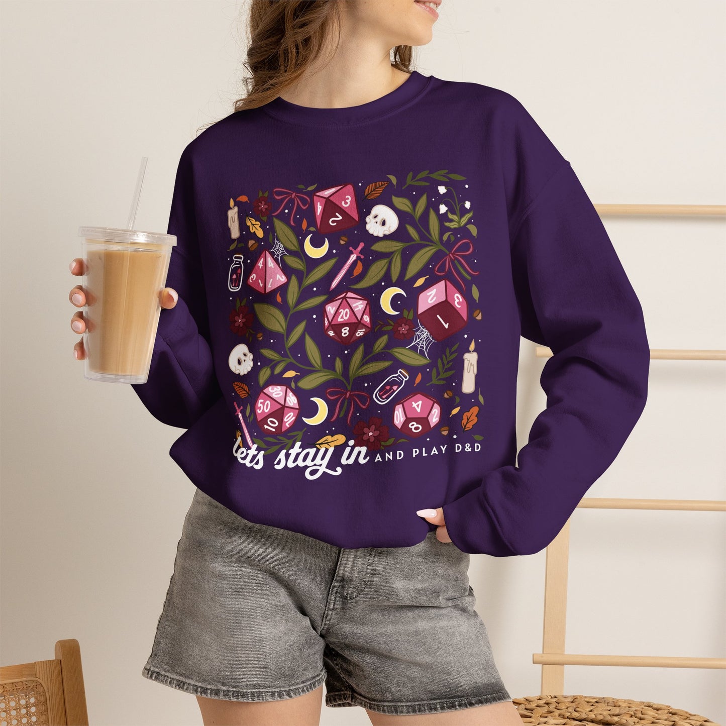 “Let’s Stay In” Dark Botanical Dice Crewneck Sweatshirt
