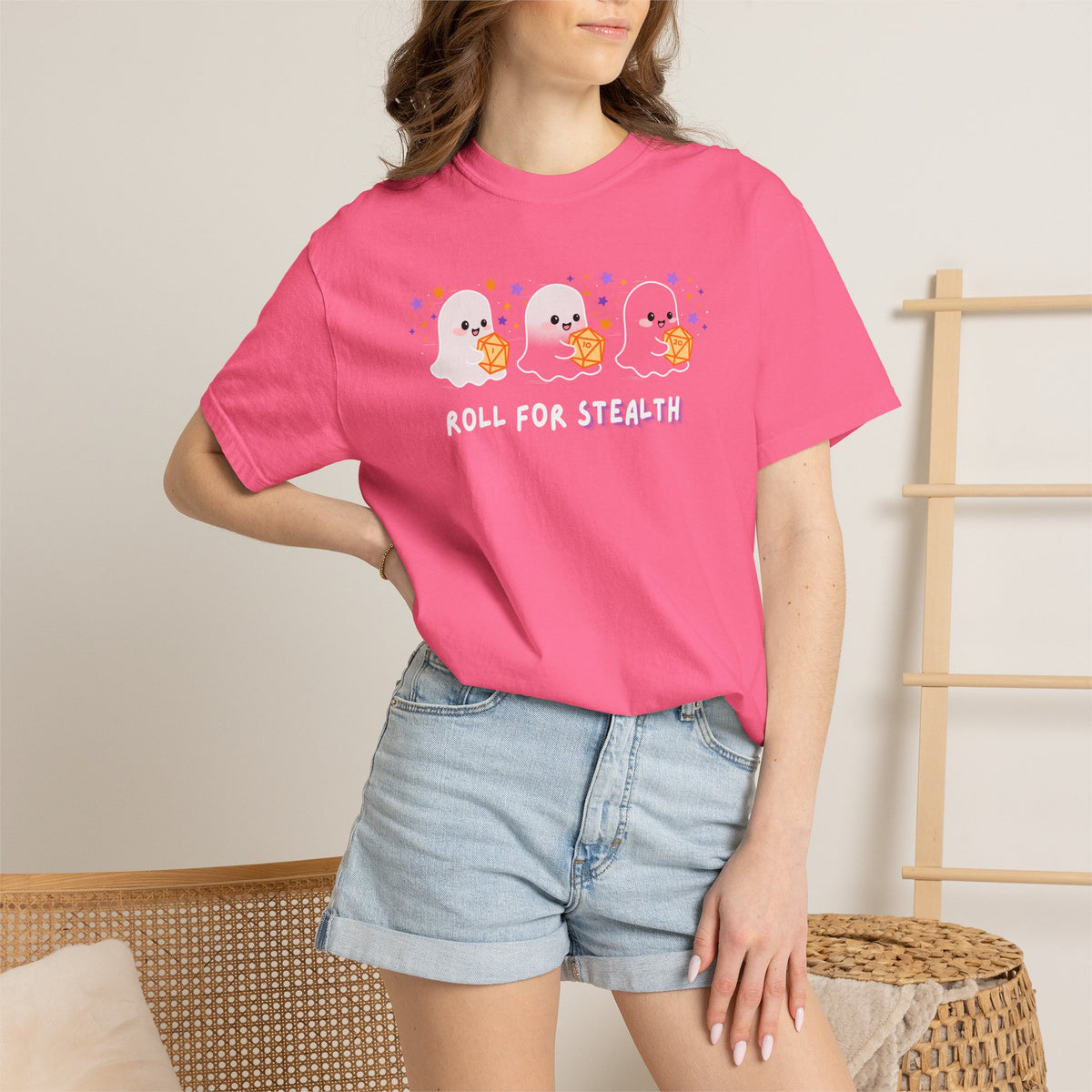 “Roll for Stealth” Ghost Dice Comfort Colors Tee | Cute Halloween TTRPG T-Shirt | Ghost Tabletop Gamer Shirt