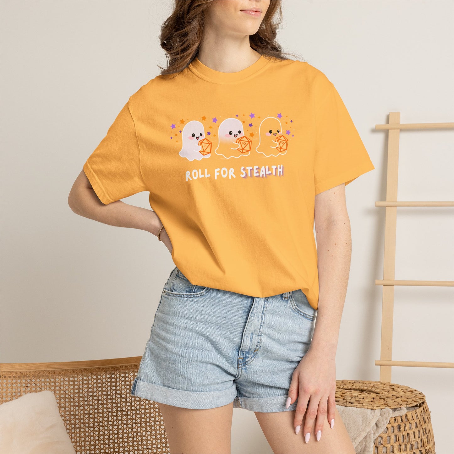 “Roll for Stealth” Ghost Dice Comfort Colors Tee | Cute Halloween TTRPG T-Shirt | Ghost Tabletop Gamer Shirt