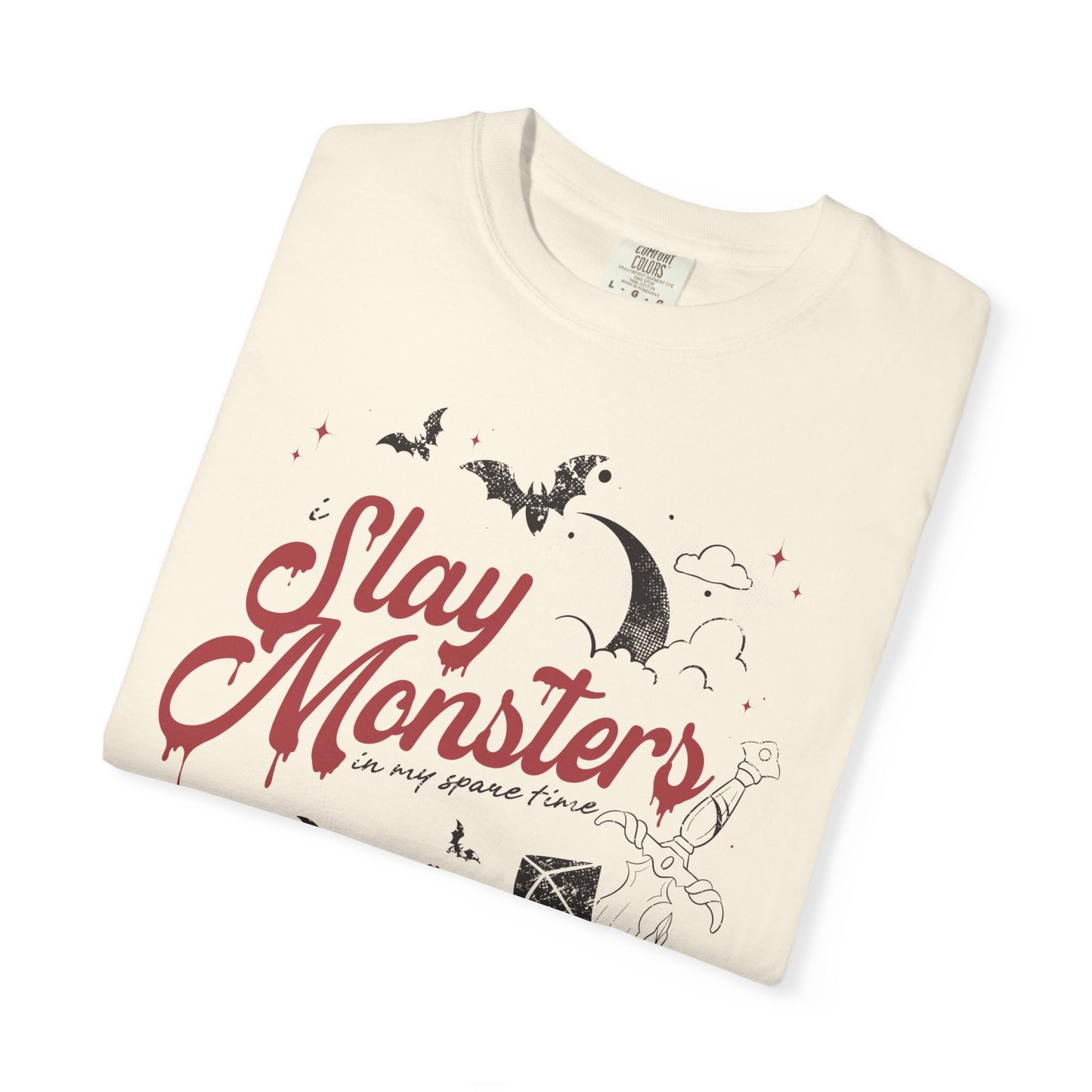 “I Slay Monsters in My Spare Time” Comfort Colors Tee | Dark Fantasy TTRPG Graphic T-Shirt | Gothic Tabletop Gamer Shirt