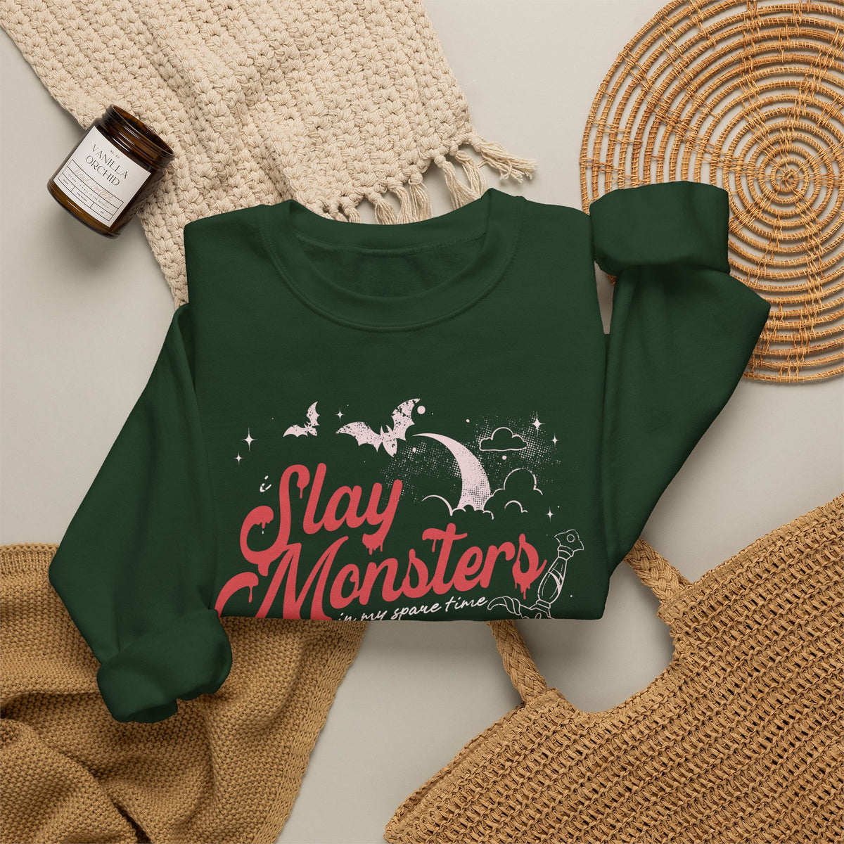 “I Slay Monsters in My Spare Time” Sweatshirt | Dark Fantasy TTRPG Crewneck | Gothic Tabletop Gamer Sweatshirt