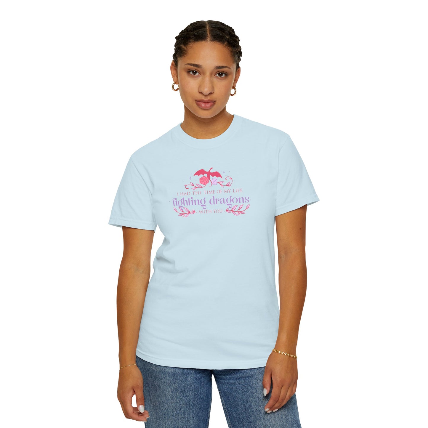 Fighting Dragons D&D Graphic T-Shirt | Pink Retro Fantasy Tee for Women | TTRPG Gamer Gift