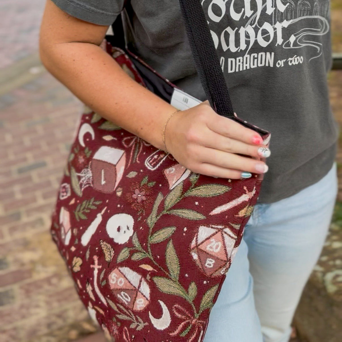 Dark Botanical Dice Tote Bag | Woven TTRPG Tote | Skulls, Moons & Dice