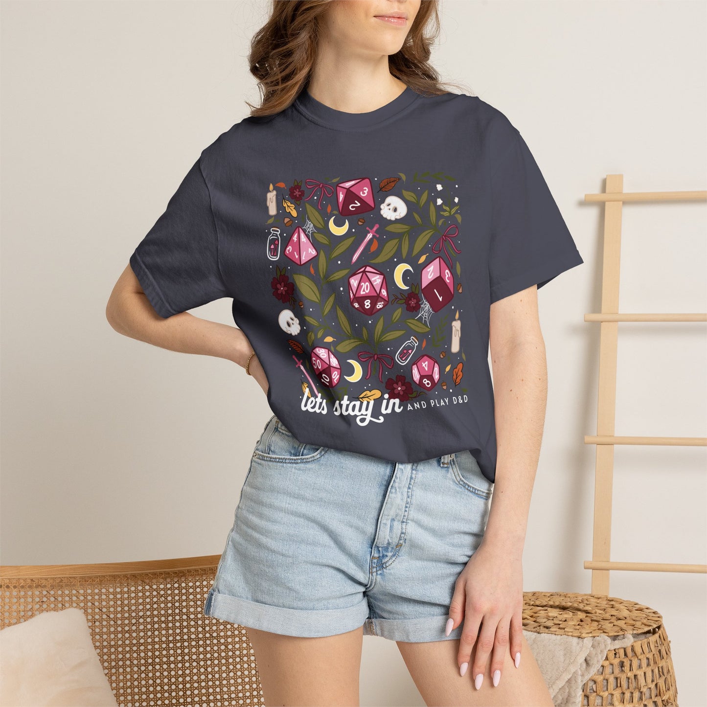 “Let’s Stay In” Tabletop Game Night Tee | Dark Academia Dice & Botanical Comfort Colors Shirt | Cozy TTRPG Graphic T-Shirt