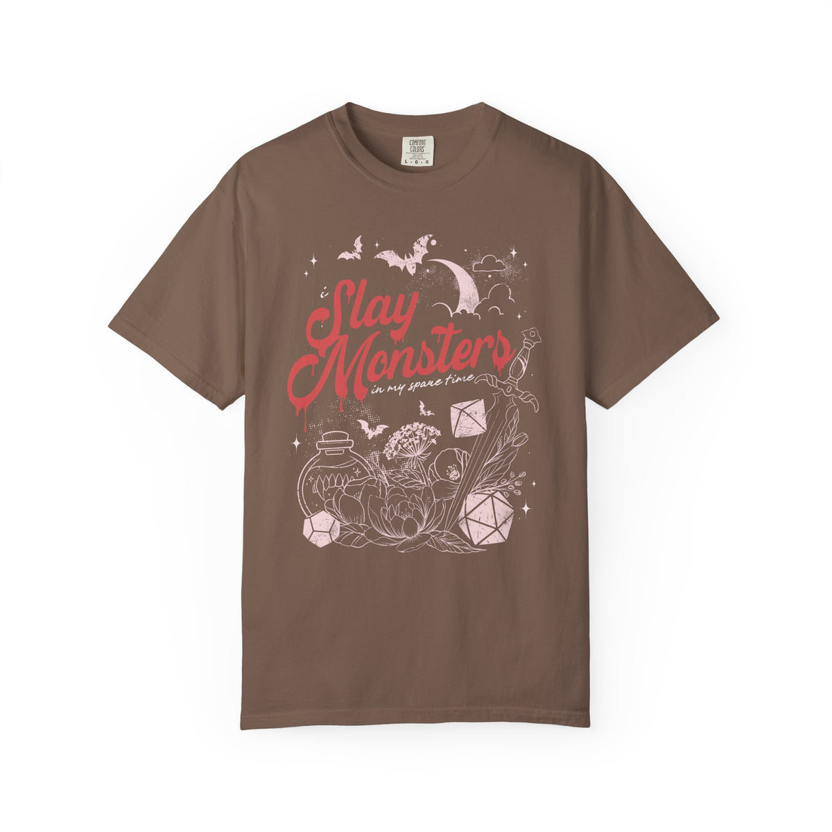 “I Slay Monsters in My Spare Time” Comfort Colors Tee | Dark Fantasy TTRPG Graphic T-Shirt | Gothic Tabletop Gamer Shirt